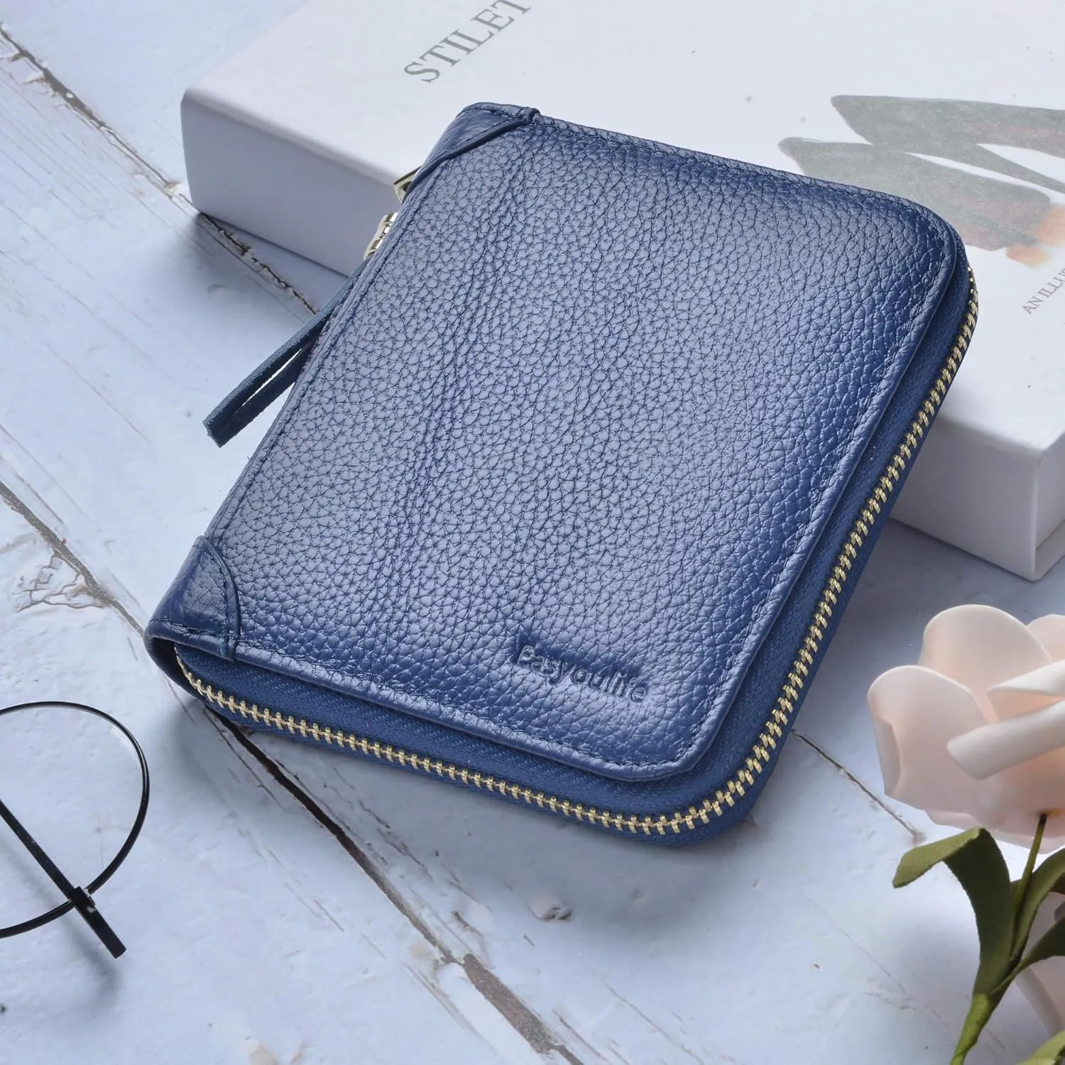 Easyoulife Womens Credit Card Holder Wallet Zip Leather Card Case RFID Blocking (Dark Blue)