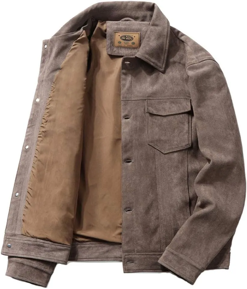 ebossy Men's Iconic Button Up Classic Fit Faux Suede Leather Trucker Jacket
