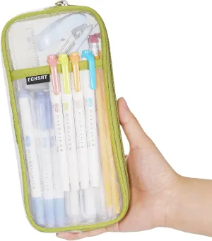 ECHSRT Mesh Pencil Case for Girls With Zipper, Grid Clear Pencil Pouch for Kids Students Teens Boys Adults, Small Transparent Pen Bag for School Office Travel, Green