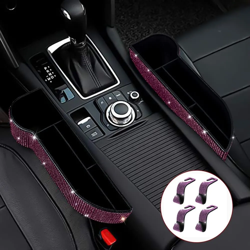 eing 2-Pack Car Seat Side Drop Filler Organizer,Bling Car Seat Console Storage Seat Pockets with Cup Holder,4-Pack Car Back Seat Headrest Hooks for Car Handbag Clothes Coats Grocery Bags,Purple