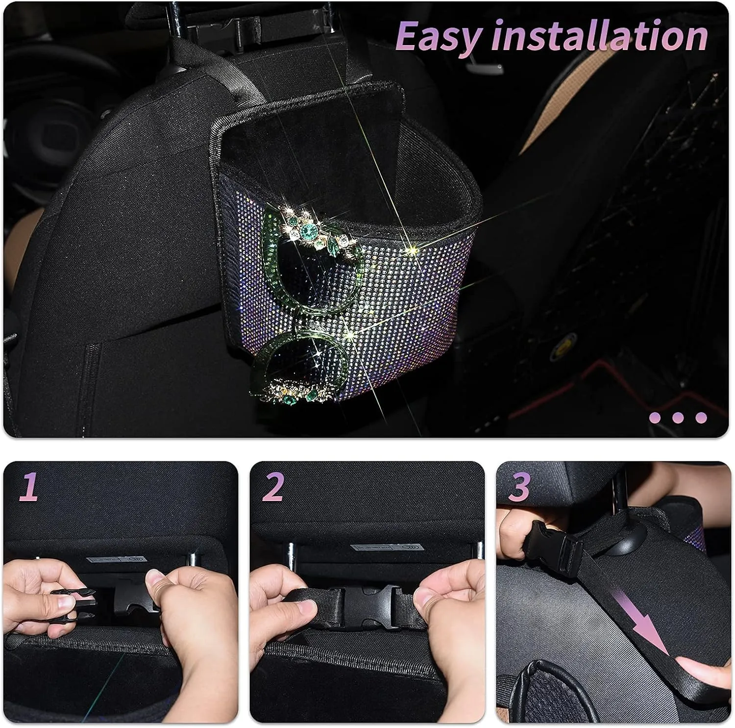 eing Car Seat Organizer Premium Seat Back/Front Seat Travel Caddy Bag, Bling Crystal Car Front Seat Organizer, Pratical Car Garbage Pocket Bin, Diamond Car Accessory (1 - Pack,Multicolor)