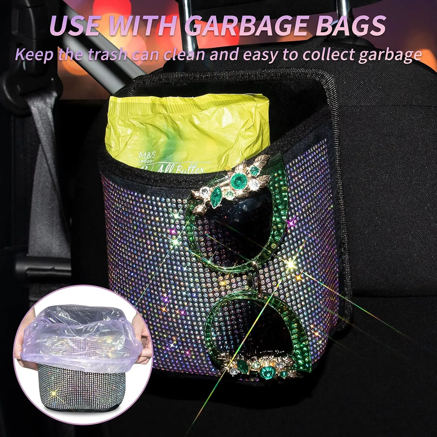 eing Car Seat Organizer Premium Seat Back/Front Seat Travel Caddy Bag, Bling Crystal Car Front Seat Organizer, Pratical Car Garbage Pocket Bin, Diamond Car Accessory (1 - Pack,Multicolor)