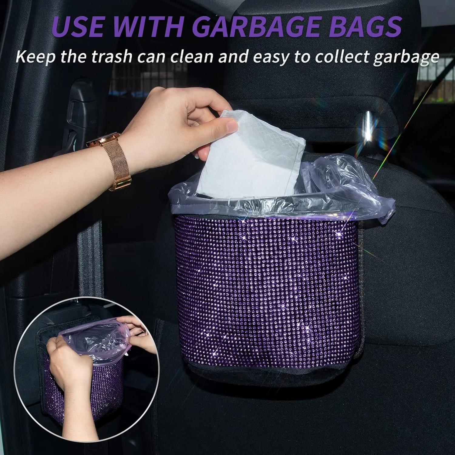 eing Car Seat Organizer Premium Seat Back/Front Seat Travel Caddy Bag, Bling Crystal Car Front Seat Organizer, Pratical Car Garbage Pocket Bin, Diamond Car Accessory (1 - Pack,Purple)
