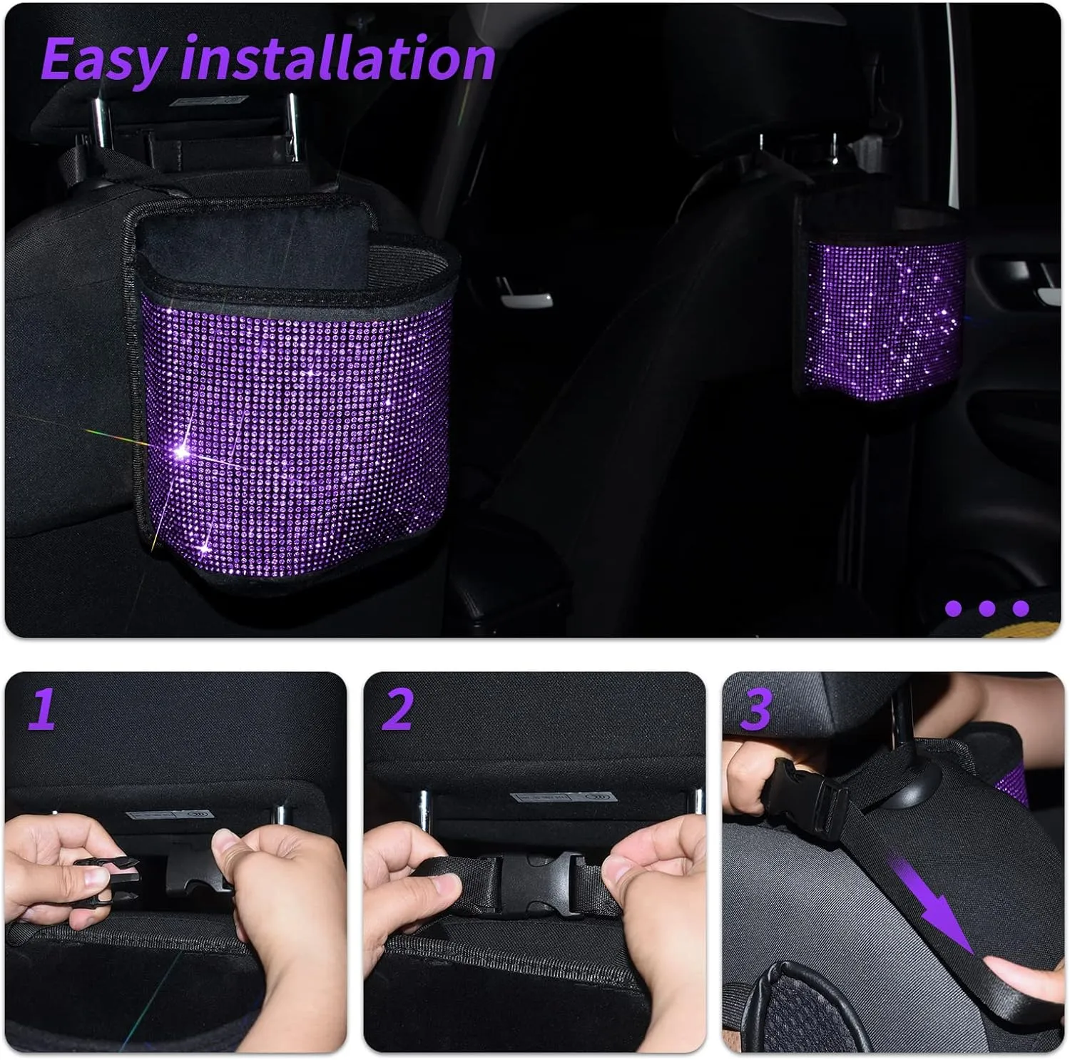 eing Car Seat Organizer Premium Seat Back/Front Seat Travel Caddy Bag, Bling Crystal Car Front Seat Organizer, Pratical Car Garbage Pocket Bin, Diamond Car Accessory (1 - Pack,Purple)