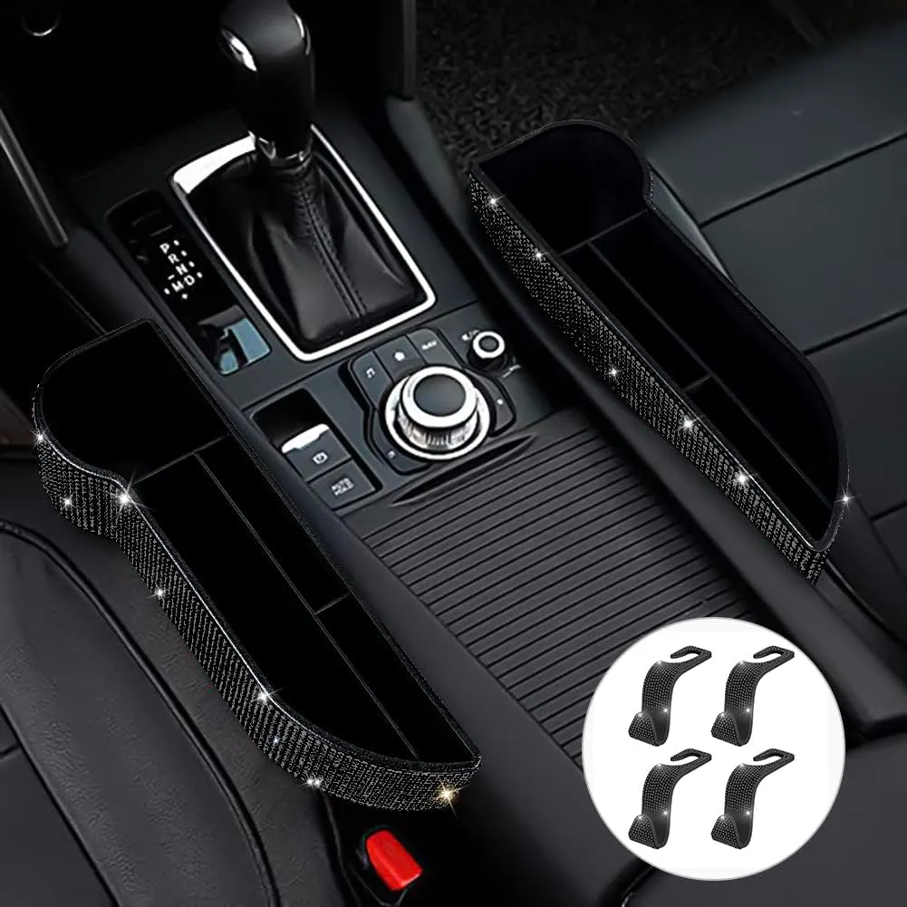 eing Car Seat Side Drop Filler Organizer,Car Seat Console Storage,2-Pack Bling Seat Pockets with Cup Holder,4-Pack Car Back Seat Headrest Hooks for Car Handbag Clothes Coats Grocery Bags,Black