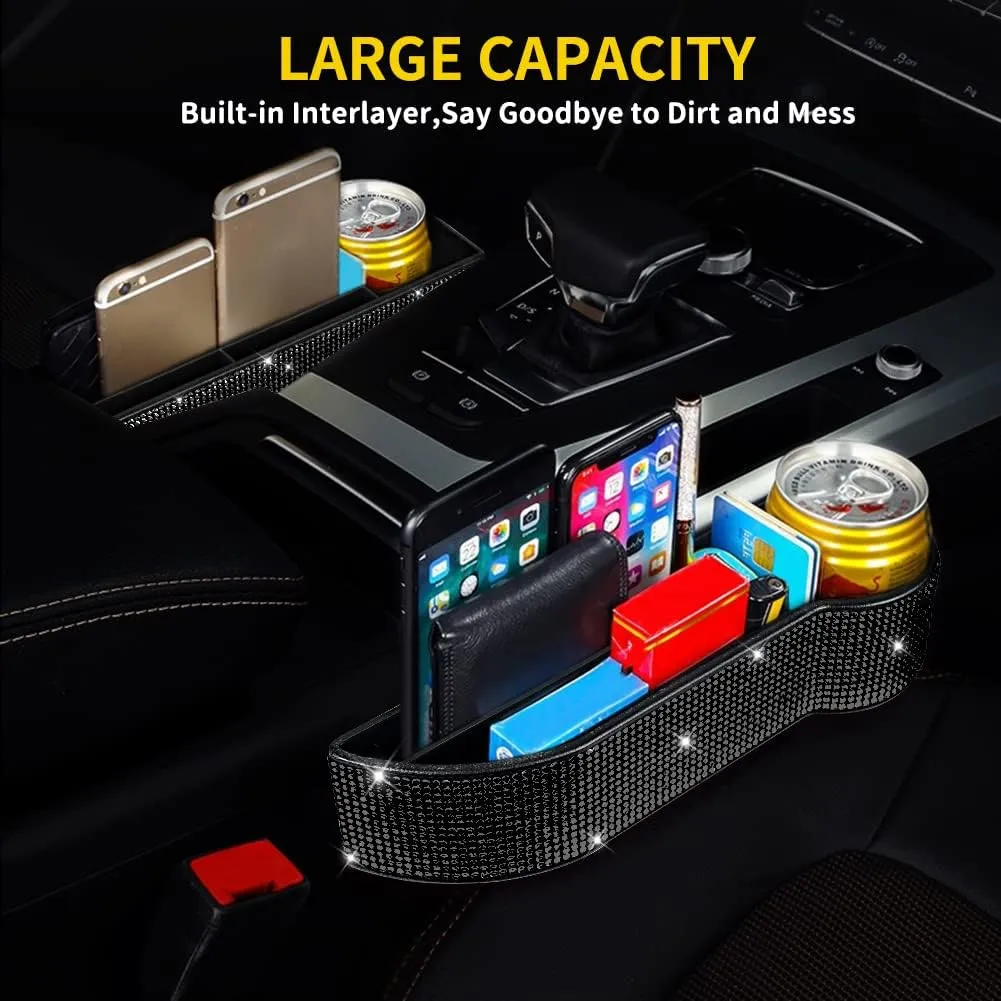 eing Car Seat Side Drop Filler Organizer,Car Seat Console Storage,2-Pack Bling Seat Pockets with Cup Holder,4-Pack Car Back Seat Headrest Hooks for Car Handbag Clothes Coats Grocery Bags,Black