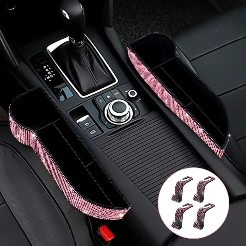 eing Car Seat Side Drop Filler Organizer,Car Seat Console Storage,2-Pack Bling Seat Pockets with Cup Holder,4-Pack Car Back Seat Headrest Hooks for Car Handbag Clothes Coats Grocery Bags,Pink