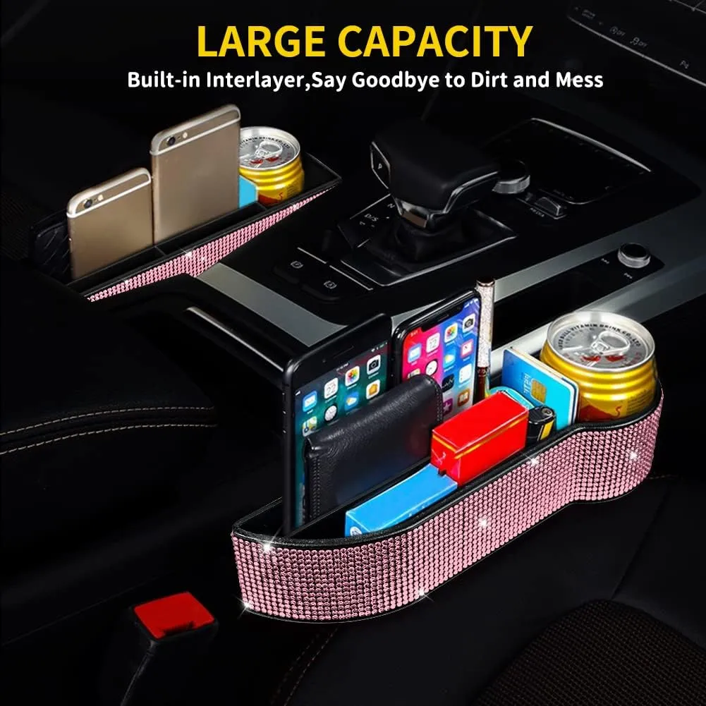 eing Car Seat Side Drop Filler Organizer,Car Seat Console Storage,2-Pack Bling Seat Pockets with Cup Holder,4-Pack Car Back Seat Headrest Hooks for Car Handbag Clothes Coats Grocery Bags,Pink
