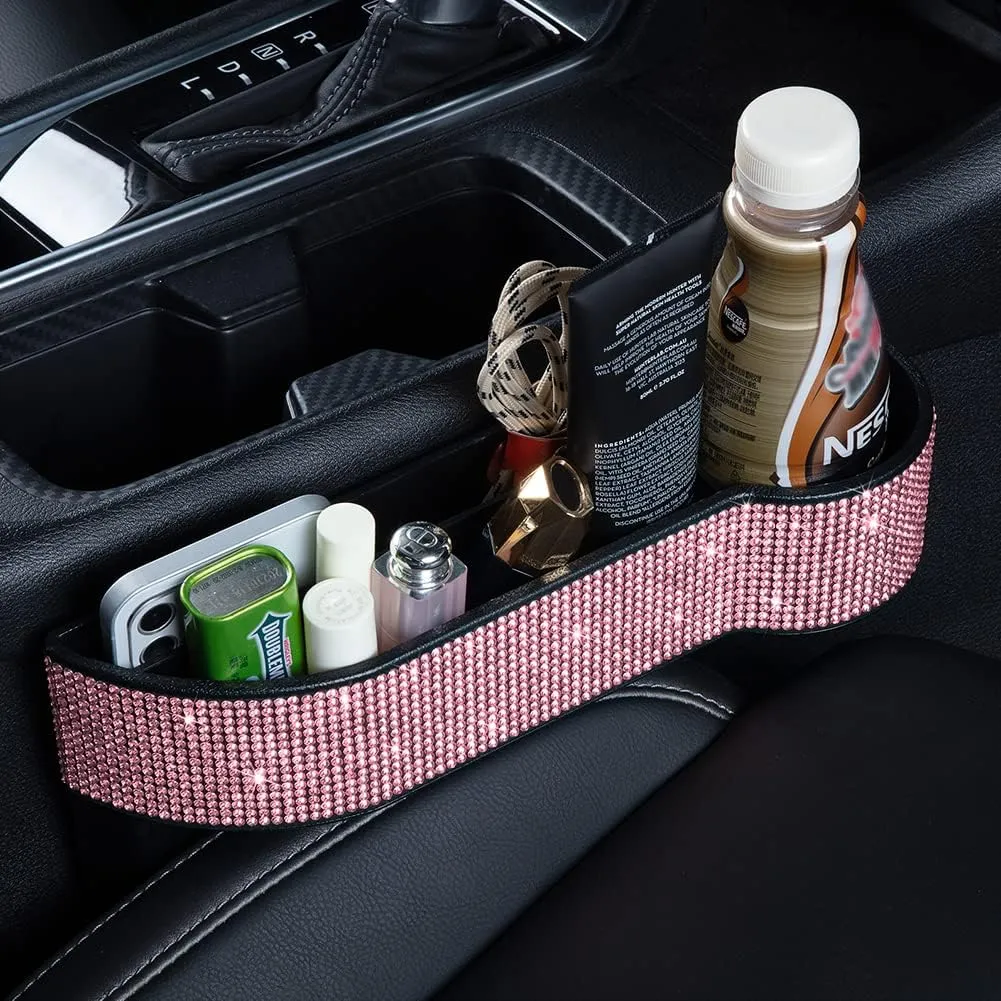 eing Car Seat Side Drop Filler Organizer,Car Seat Console Storage,2-Pack Bling Seat Pockets with Cup Holder,4-Pack Car Back Seat Headrest Hooks for Car Handbag Clothes Coats Grocery Bags,Pink