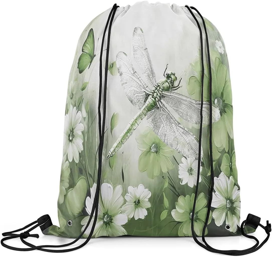 Erosebridal 3D Dragonflies Drawstring Backpack 13x15.7, Insects Printed Reversible Draw String Back Bag For Swim Yoga, Flowers Animals Drawstring Bags, White Green Butterflies String Backpack