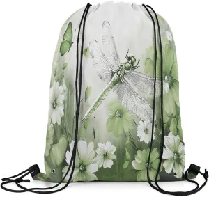 Erosebridal 3D Dragonflies Drawstring Backpack 13x15.7, Insects Printed Reversible Draw String Back Bag For Swim Yoga, Flowers Animals Drawstring Bags, White Green Butterflies String Backpack