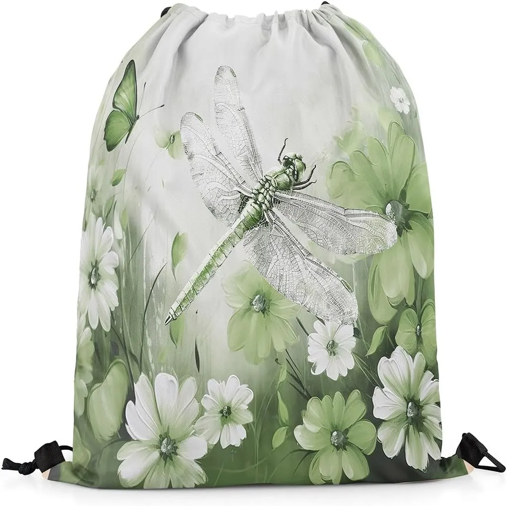Erosebridal 3D Dragonflies Drawstring Backpack 13x15.7, Insects Printed Reversible Draw String Back Bag For Swim Yoga, Flowers Animals Drawstring Bags, White Green Butterflies String Backpack