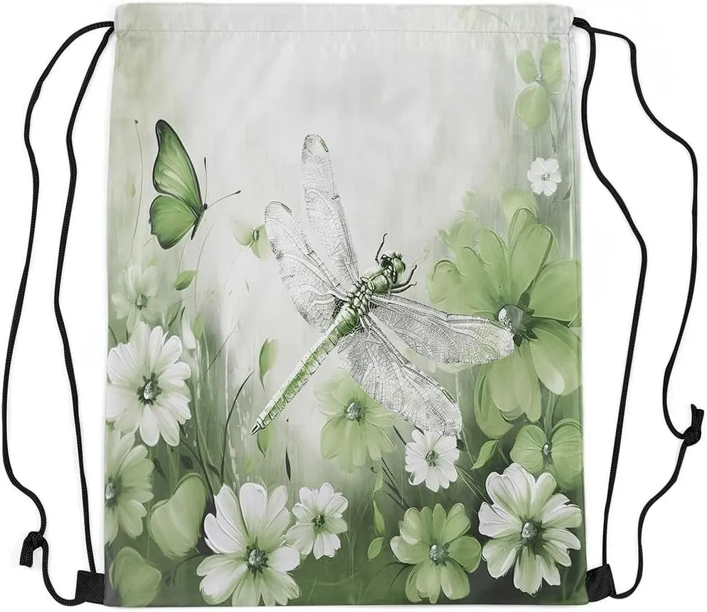 Erosebridal 3D Dragonflies Drawstring Backpack 13x15.7, Insects Printed Reversible Draw String Back Bag For Swim Yoga, Flowers Animals Drawstring Bags, White Green Butterflies String Backpack