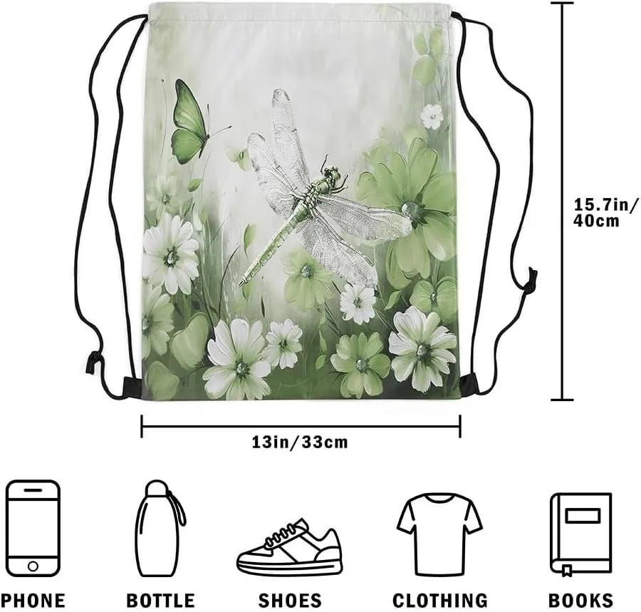 Erosebridal 3D Dragonflies Drawstring Backpack 13x15.7, Insects Printed Reversible Draw String Back Bag For Swim Yoga, Flowers Animals Drawstring Bags, White Green Butterflies String Backpack