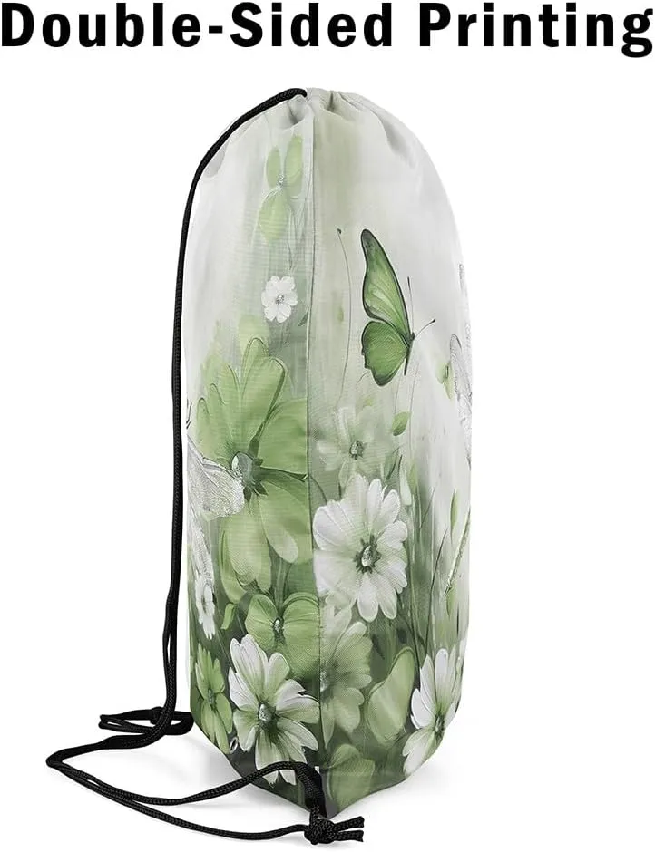 Erosebridal 3D Dragonflies Drawstring Backpack 13x15.7, Insects Printed Reversible Draw String Back Bag For Swim Yoga, Flowers Animals Drawstring Bags, White Green Butterflies String Backpack