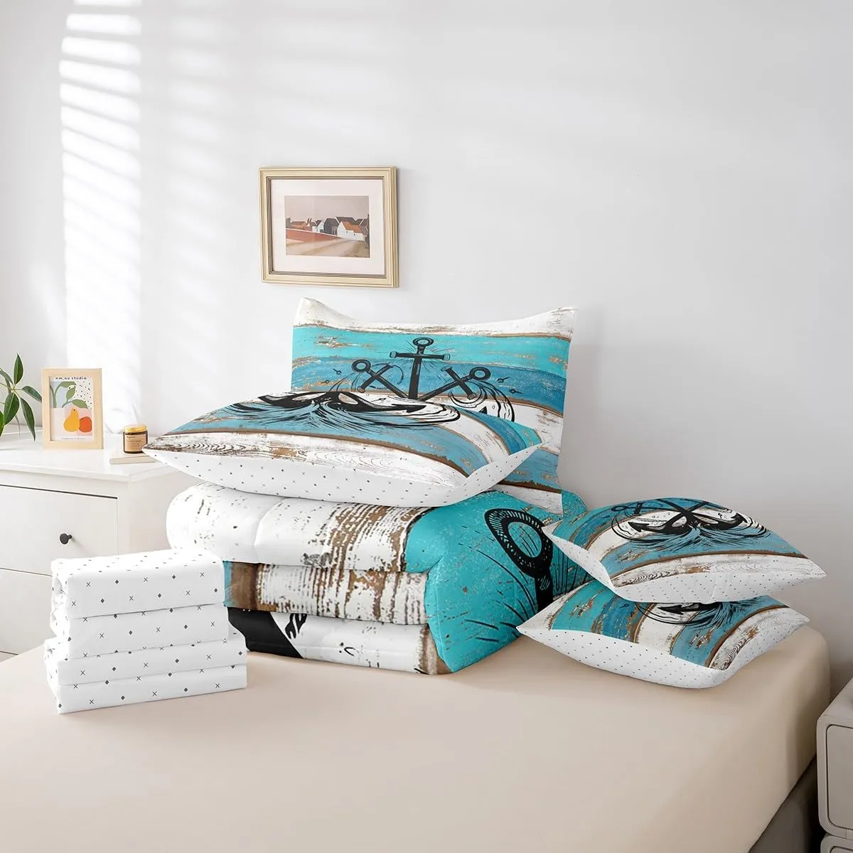 Erosebridal Ocean Anchor Bed in A Bag 7 Piece Full,Rustic Wooden Plank Printed Comforter Set for Youth,Nautical Compass Bedding Sets,Retro Summer Hawaii Quilt with Flat Fitted Sheet,Pillow Covers