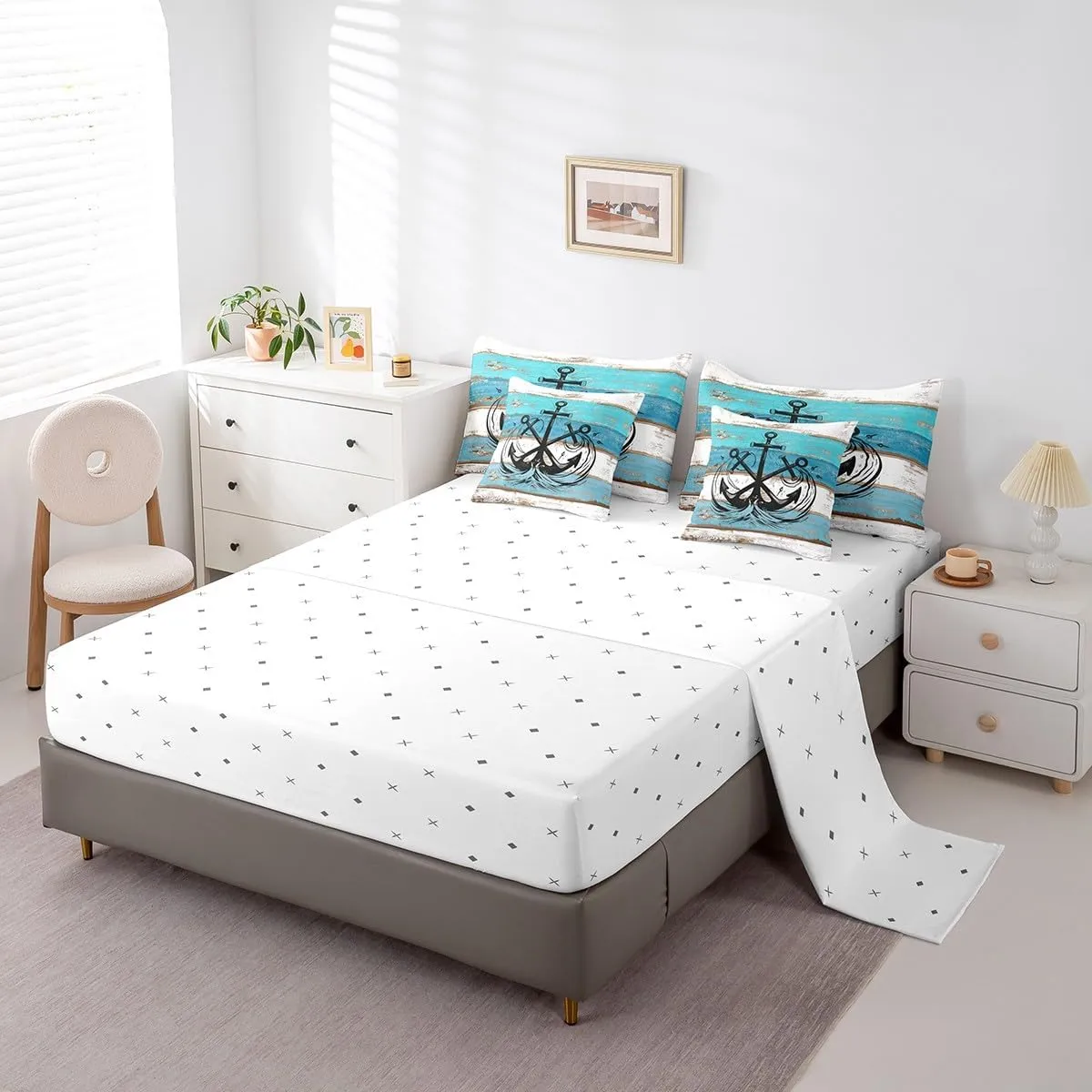 Erosebridal Ocean Anchor Bed in A Bag 7 Piece Full,Rustic Wooden Plank Printed Comforter Set for Youth,Nautical Compass Bedding Sets,Retro Summer Hawaii Quilt with Flat Fitted Sheet,Pillow Covers