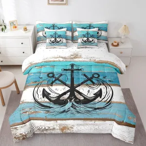 Erosebridal Ocean Anchor Bed in A Bag 7 Piece Full,Rustic Wooden Plank Printed Comforter Set for Youth,Nautical Compass Bedding Sets,Retro Summer Hawaii Quilt with Flat Fitted Sheet,Pillow Covers