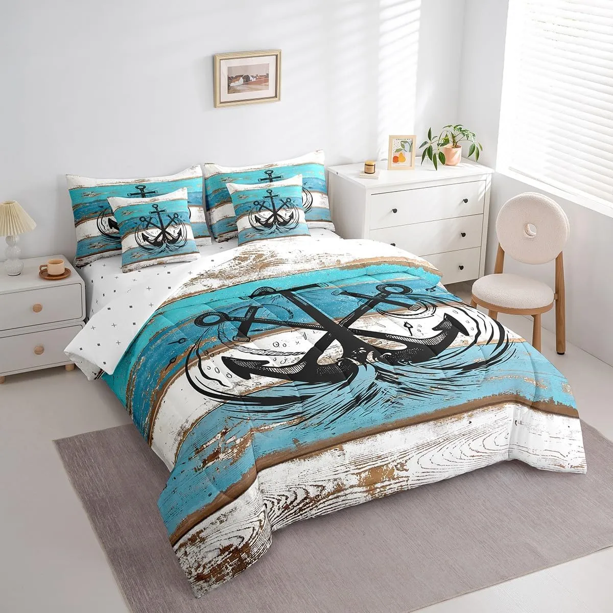 Erosebridal Ocean Anchor Bed in A Bag 7 Piece Full,Rustic Wooden Plank Printed Comforter Set for Youth,Nautical Compass Bedding Sets,Retro Summer Hawaii Quilt with Flat Fitted Sheet,Pillow Covers