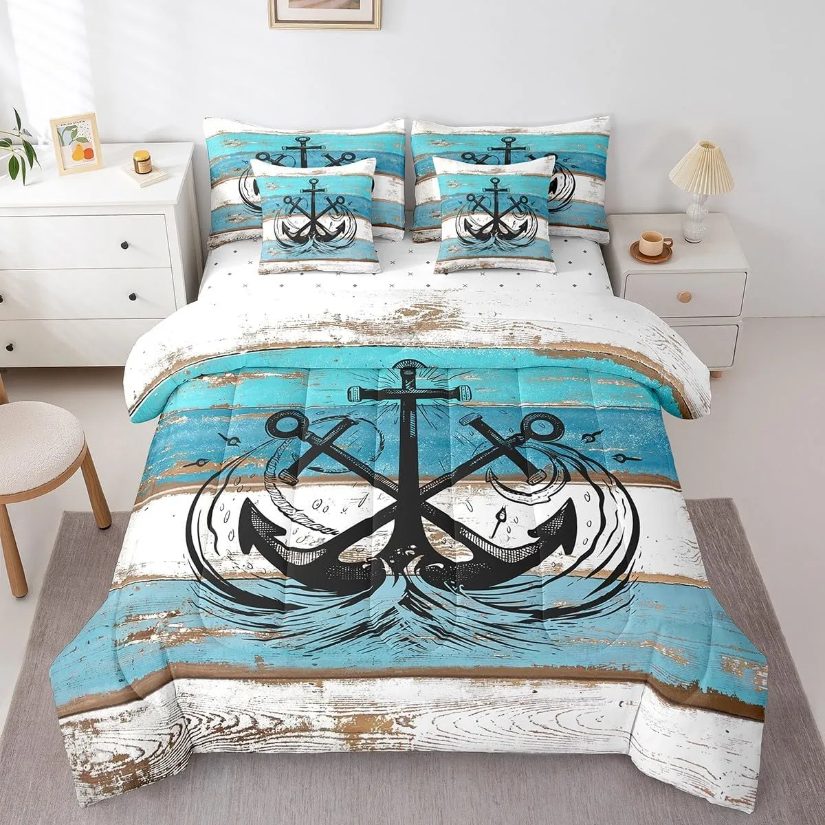 Erosebridal Ocean Anchor Bed in A Bag 7 Piece Full,Rustic Wooden Plank Printed Comforter Set for Youth,Nautical Compass Bedding Sets,Retro Summer Hawaii Quilt with Flat Fitted Sheet,Pillow Covers