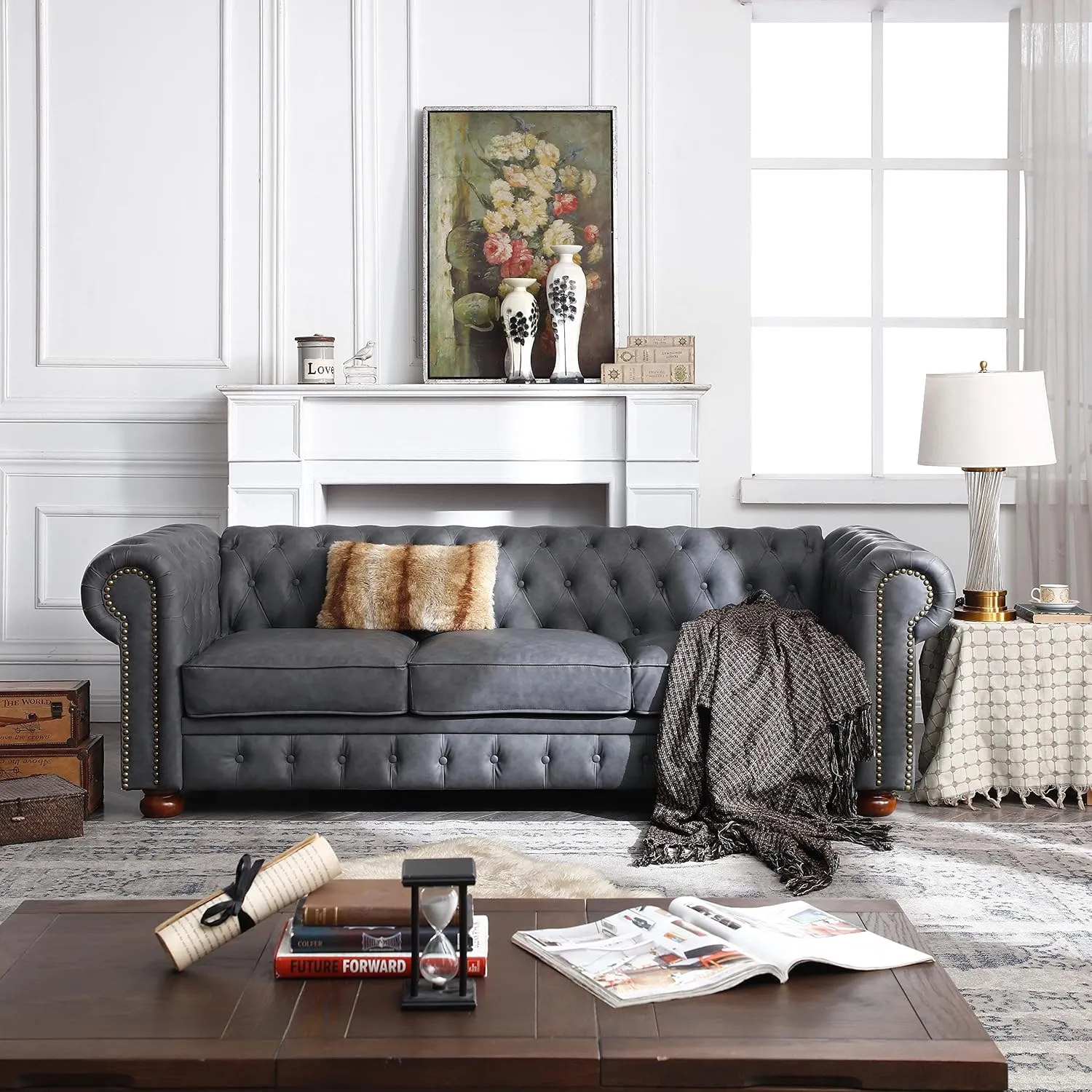 ERYE Clasic Chesterfield 3 Seaters Sofa Couch W/Luxury Roller Armrest Soild Wood Legs Faux Leather Upholstered Button Tufted Sofa&Couch with Removable Cushions & Nailhead Decor