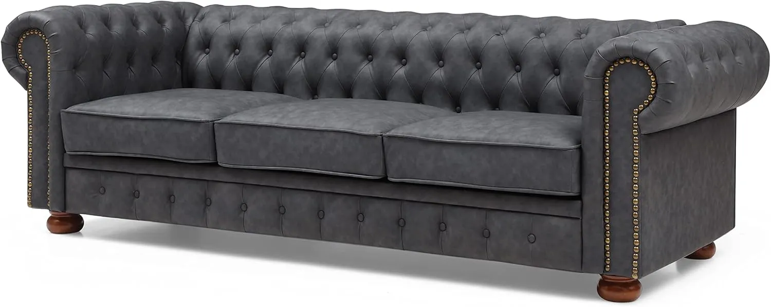 ERYE Clasic Chesterfield 3 Seaters Sofa Couch W/Luxury Roller Armrest Soild Wood Legs Faux Leather Upholstered Button Tufted Sofa&Couch with Removable Cushions & Nailhead Decor