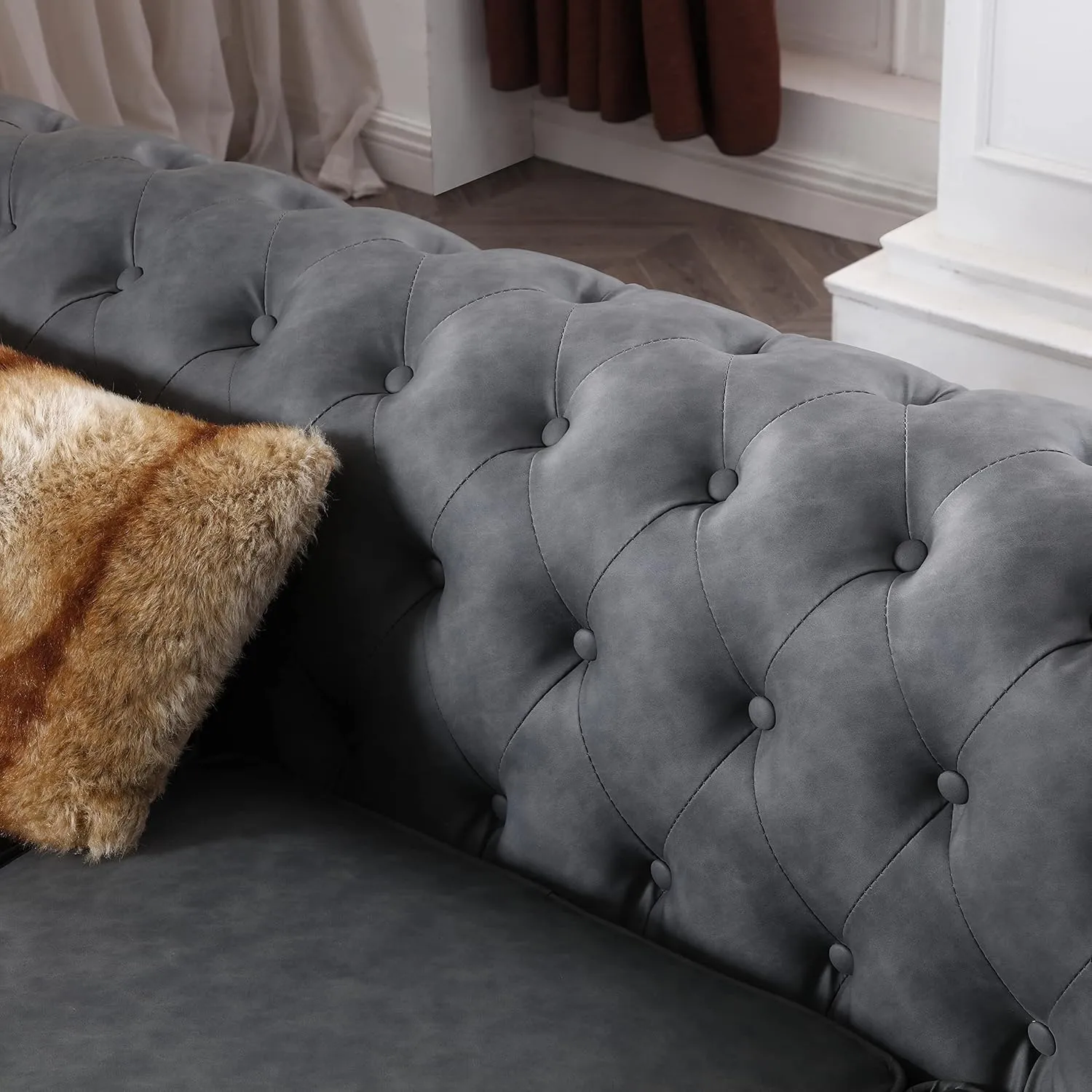 ERYE Clasic Chesterfield 3 Seaters Sofa Couch W/Luxury Roller Armrest Soild Wood Legs Faux Leather Upholstered Button Tufted Sofa&Couch with Removable Cushions & Nailhead Decor