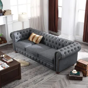 ERYE Clasic Chesterfield 3 Seaters Sofa Couch W/Luxury Roller Armrest Soild Wood Legs Faux Leather Upholstered Button Tufted Sofa&Couch with Removable Cushions & Nailhead Decor