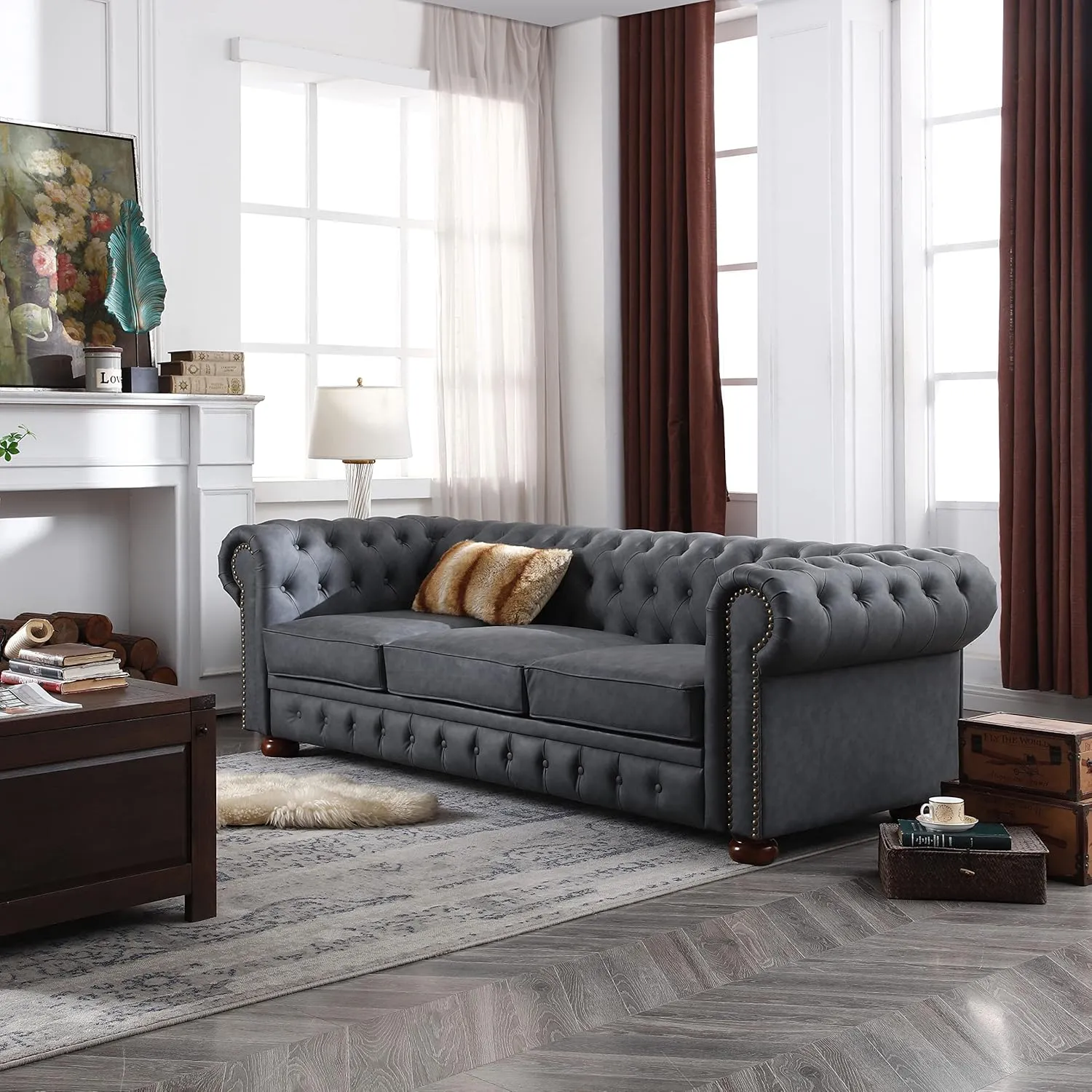 ERYE Clasic Chesterfield 3 Seaters Sofa Couch W/Luxury Roller Armrest Soild Wood Legs Faux Leather Upholstered Button Tufted Sofa&Couch with Removable Cushions & Nailhead Decor