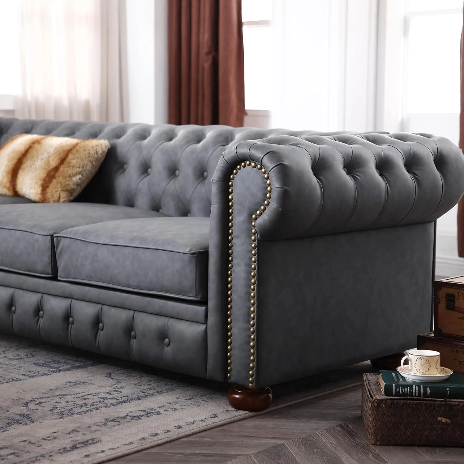 ERYE Clasic Chesterfield 3 Seaters Sofa Couch W/Luxury Roller Armrest Soild Wood Legs Faux Leather Upholstered Button Tufted Sofa&Couch with Removable Cushions & Nailhead Decor