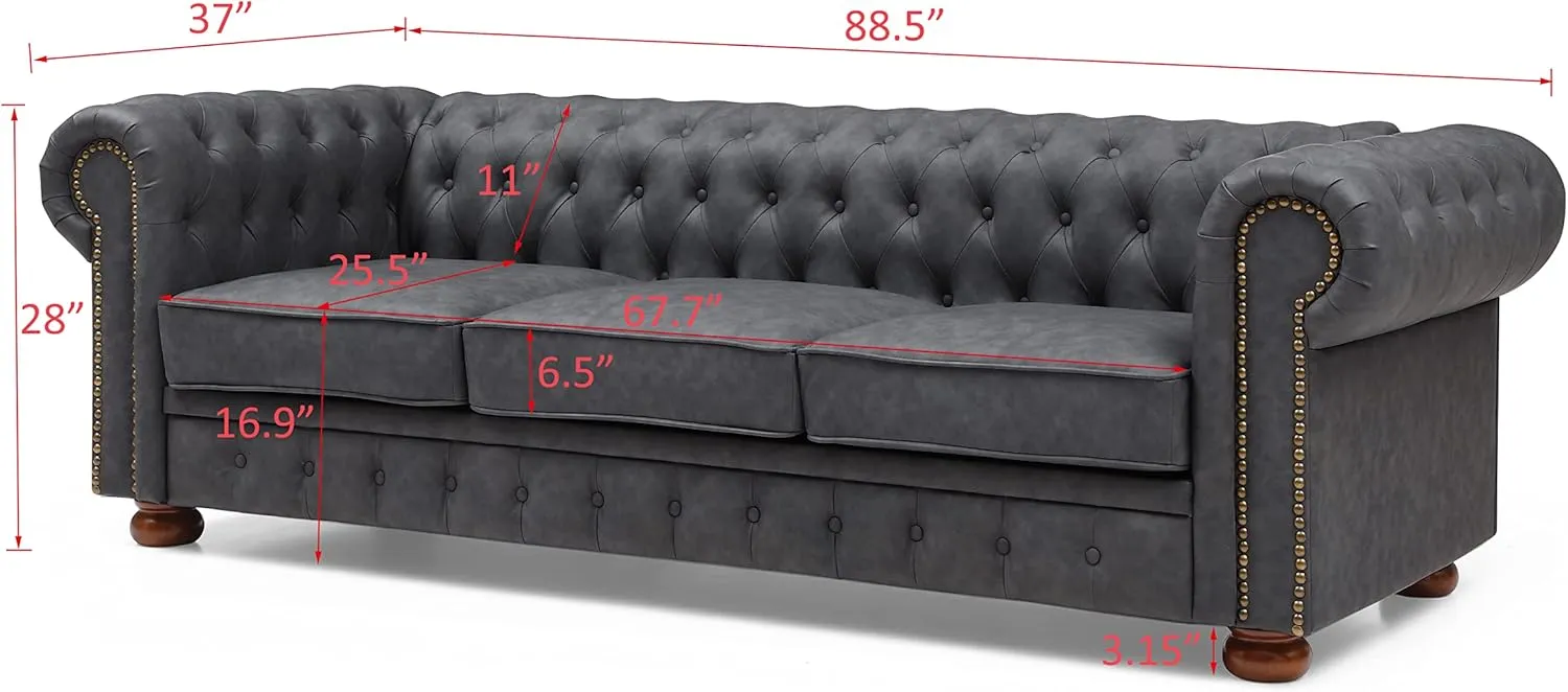 ERYE Clasic Chesterfield 3 Seaters Sofa Couch W/Luxury Roller Armrest Soild Wood Legs Faux Leather Upholstered Button Tufted Sofa&Couch with Removable Cushions & Nailhead Decor