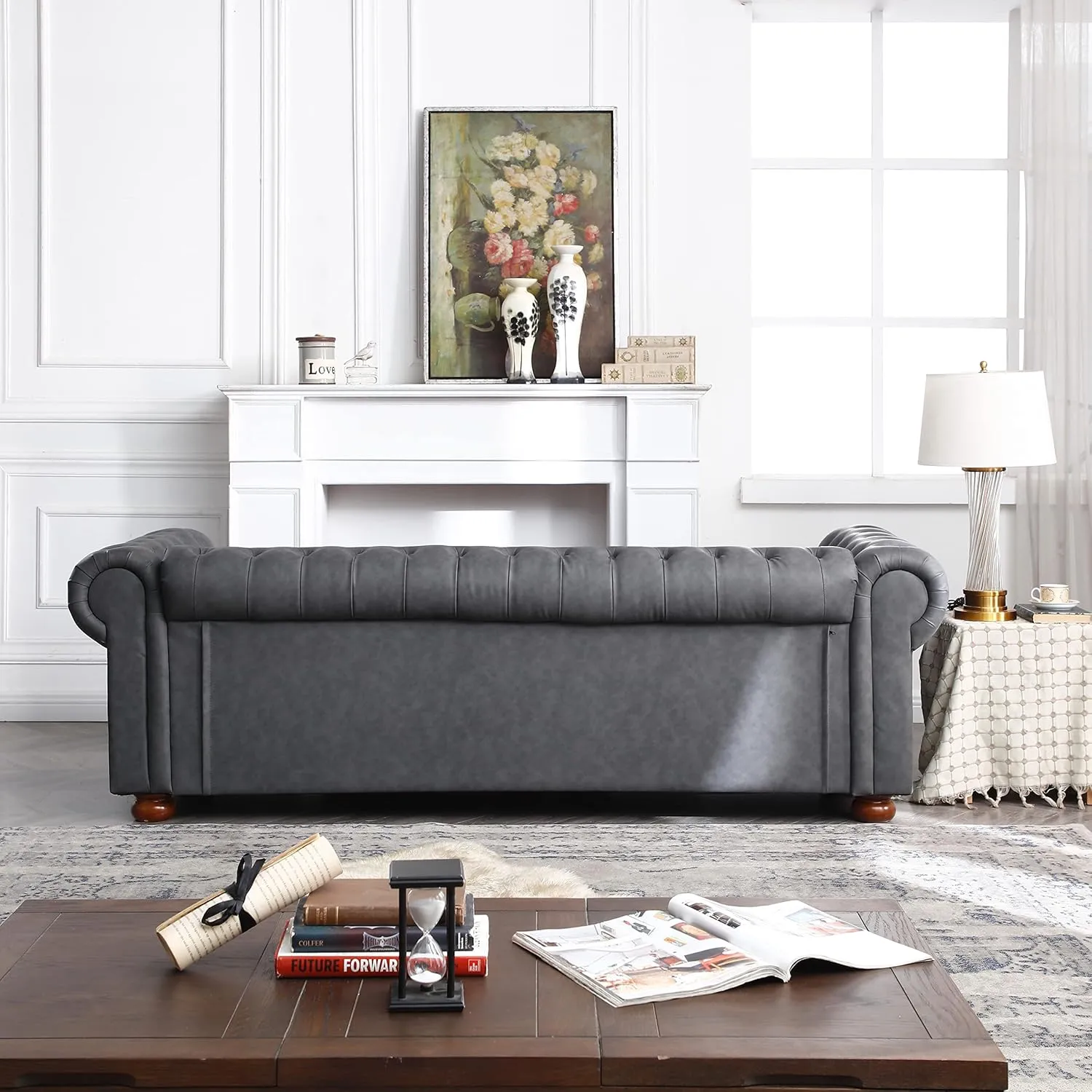 ERYE Clasic Chesterfield 3 Seaters Sofa Couch W/Luxury Roller Armrest Soild Wood Legs Faux Leather Upholstered Button Tufted Sofa&Couch with Removable Cushions & Nailhead Decor