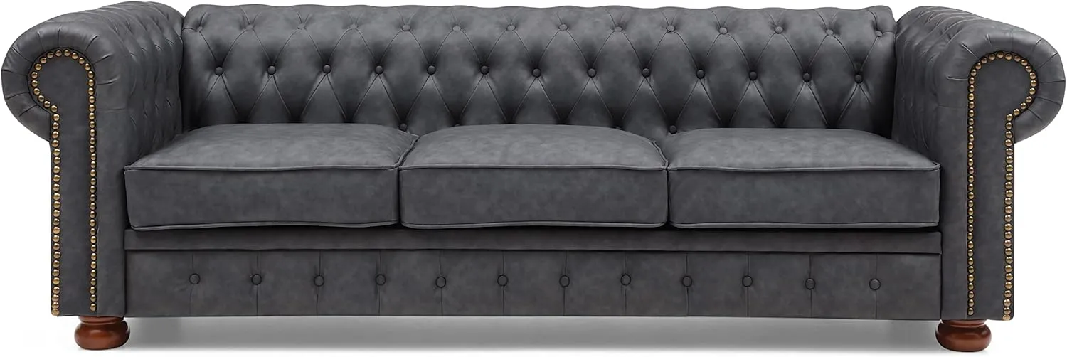 ERYE Clasic Chesterfield 3 Seaters Sofa Couch W/Luxury Roller Armrest Soild Wood Legs Faux Leather Upholstered Button Tufted Sofa&Couch with Removable Cushions & Nailhead Decor