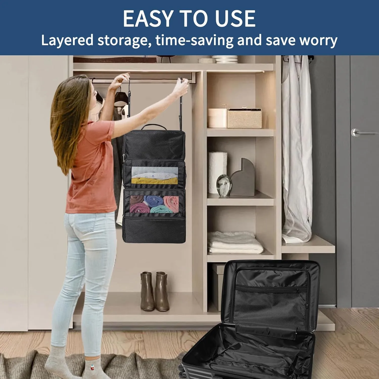 esouler Suitcase Organizer - Hanging Packing Cubes & Portable Travel Shelves for Carry-on (Black, Small)