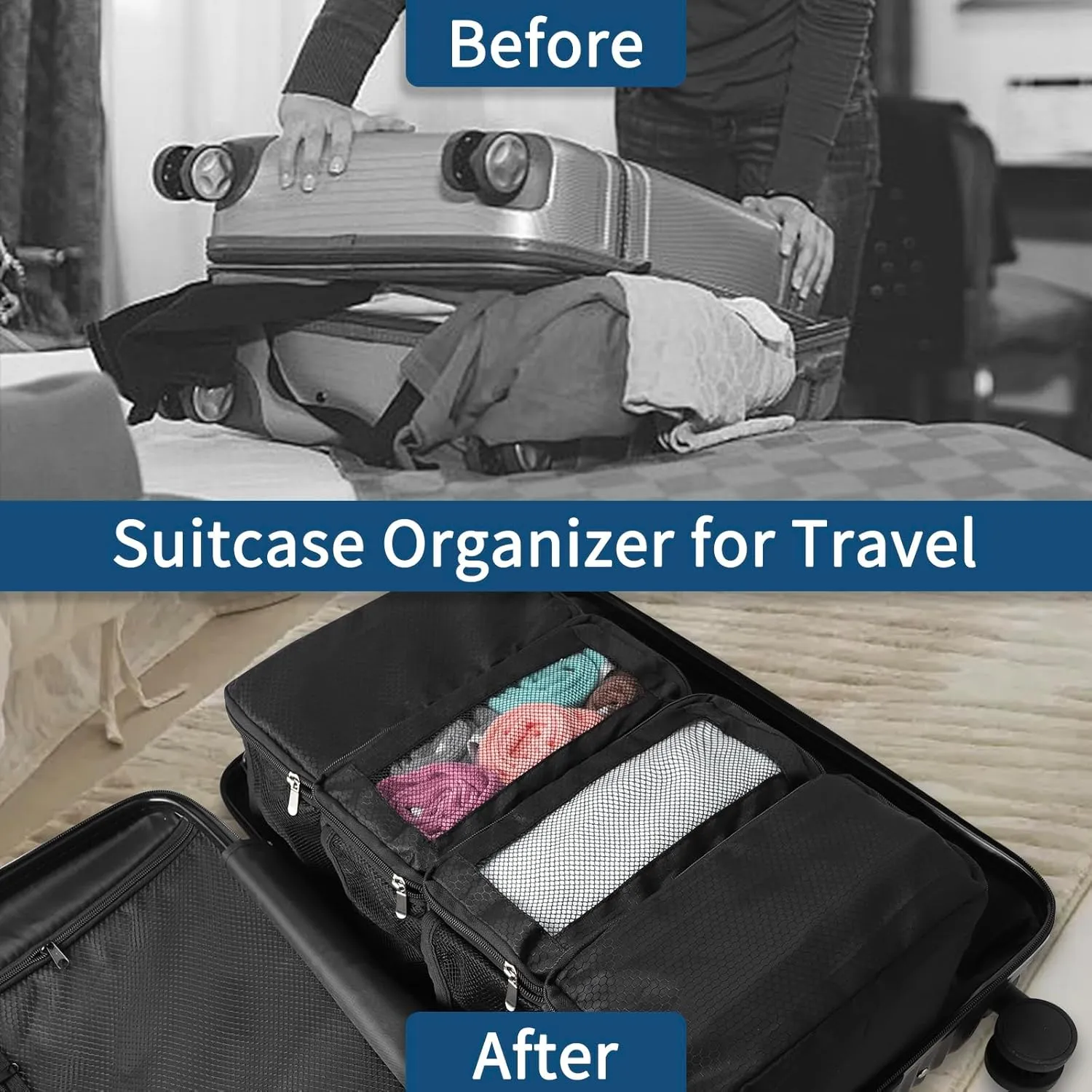 esouler Suitcase Organizer - Hanging Packing Cubes & Portable Travel Shelves for Carry-on (Black, Small)