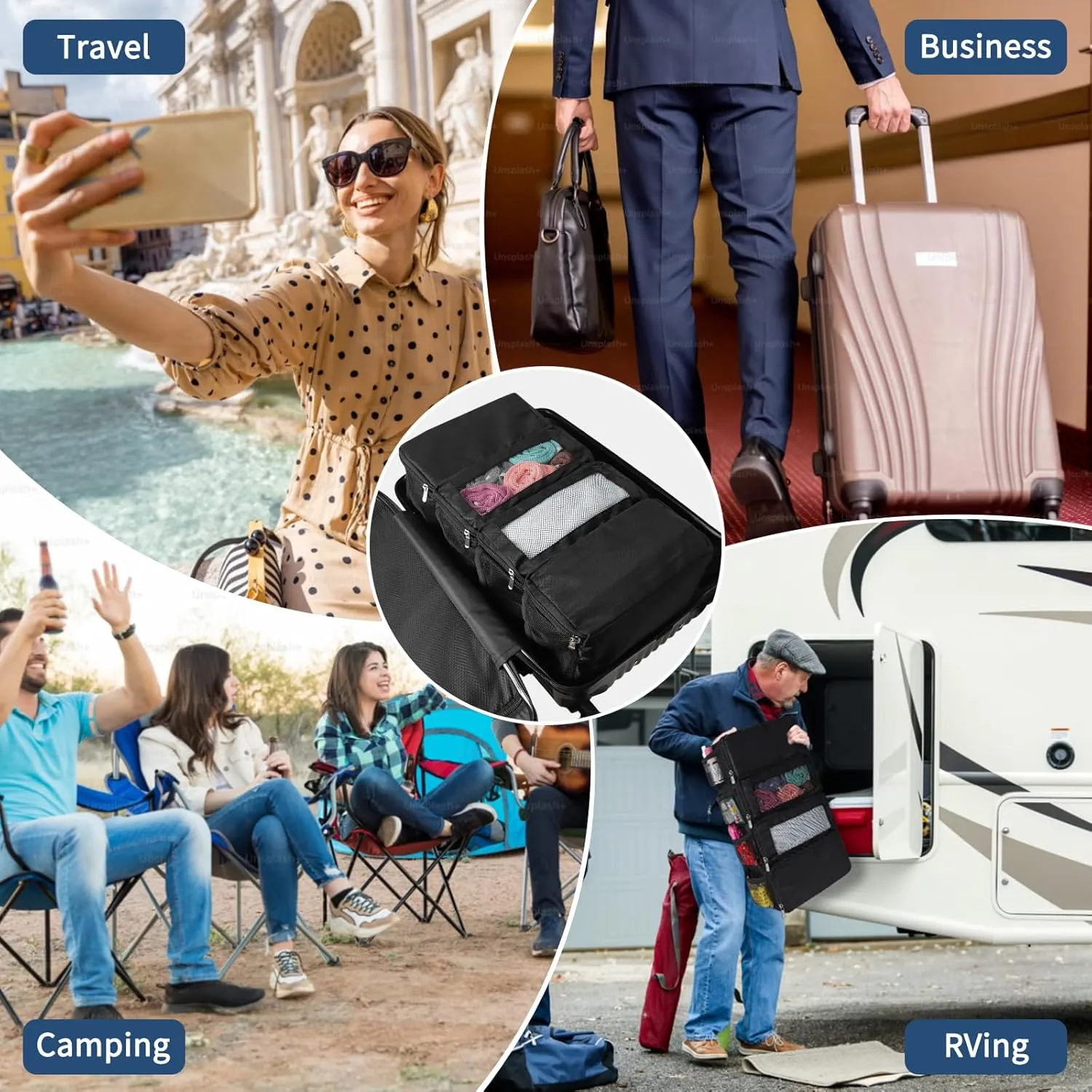 esouler Suitcase Organizer - Hanging Packing Cubes & Portable Travel Shelves for Carry-on (Black, Small)