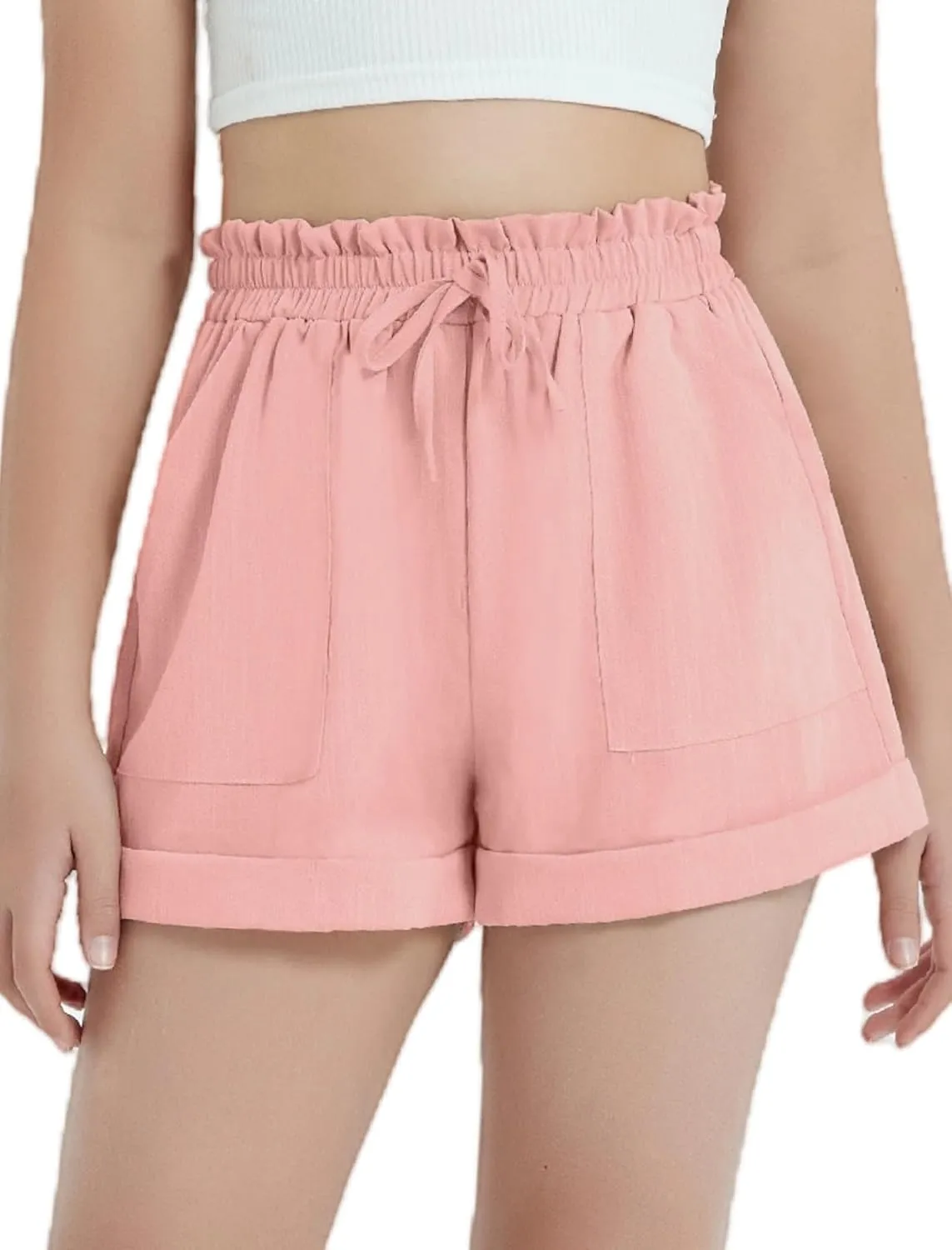 EXARUS Girls Summer Shorts Casual Kids Wide Leg Comfy Boho High Waisted Pull On Paperbag Drawstring Shorts with Pockets