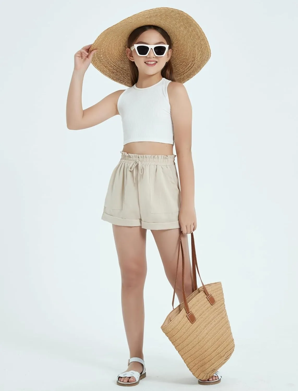 EXARUS Girls Summer Shorts Casual Kids Wide Leg Comfy Boho High Waisted Pull On Paperbag Drawstring Shorts with Pockets