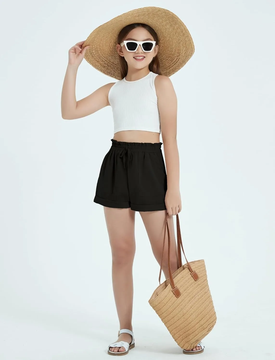EXARUS Girls Summer Shorts Casual Kids Wide Leg Comfy Boho High Waisted Pull On Paperbag Drawstring Shorts with Pockets