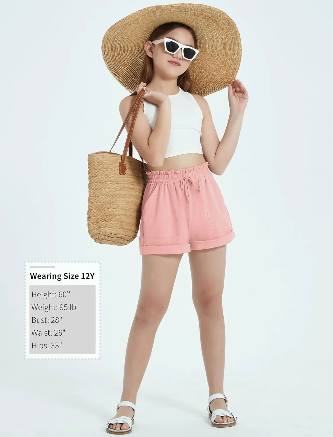 EXARUS Girls Summer Shorts Casual Kids Wide Leg Comfy Boho High Waisted Pull On Paperbag Drawstring Shorts with Pockets