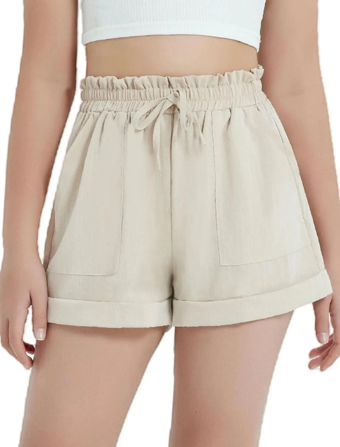 EXARUS Girls Summer Shorts Casual Kids Wide Leg Comfy Boho High Waisted Pull On Paperbag Drawstring Shorts with Pockets