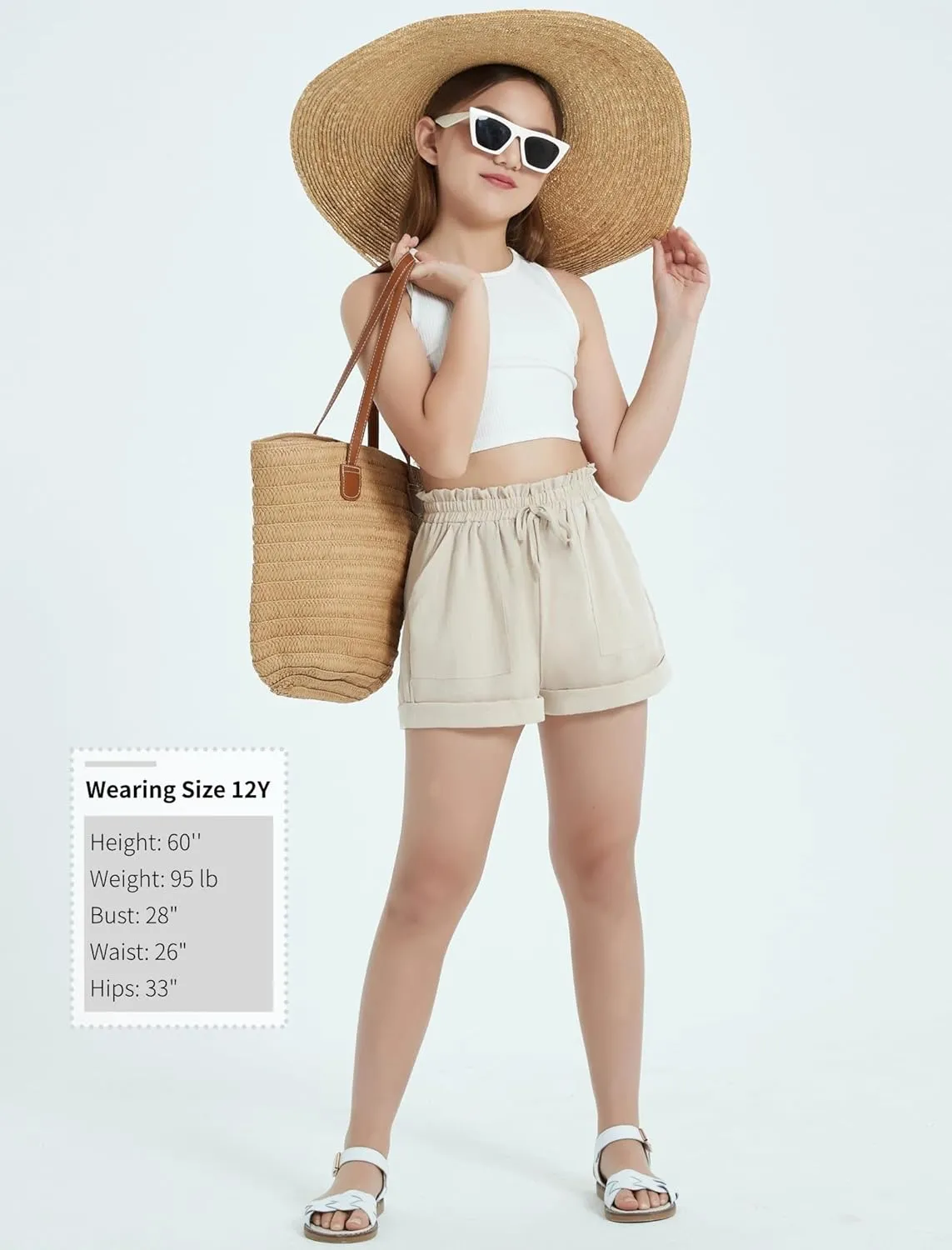 EXARUS Girls Summer Shorts Casual Kids Wide Leg Comfy Boho High Waisted Pull On Paperbag Drawstring Shorts with Pockets