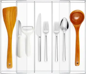 Expandable Kitchen Drawer Organizer Clear Acrylic Utensil Organizer Adjustable Acrylic Silverware Storage for Kitchen Drawers Silverware Flatware Knives(3-5 Compartments)