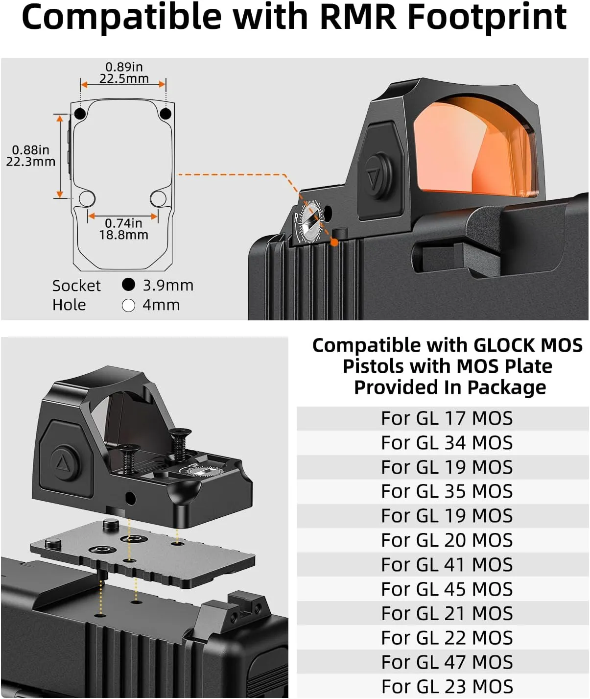 EZshoot Full Sized Red/Green Dot Motion Awake Optic for Pistols, 2MOA Dot, 12 Brightness Adjustment Red/Green Dot Scope, Suitable for RMR, Open Reflex Optics with Adapter Plate for MOS and Picatinny.