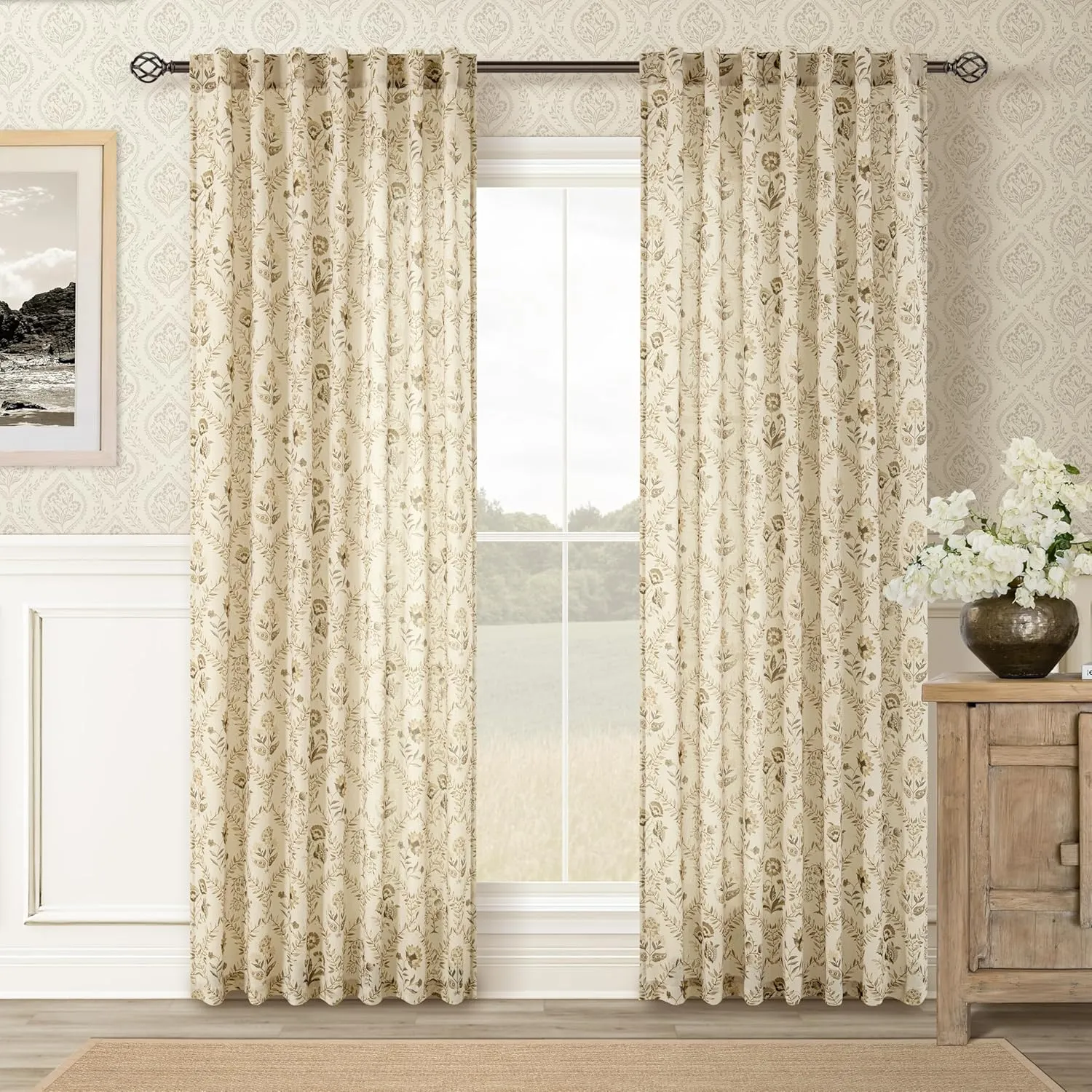 Farmhouse Floral Linen Curtains 84 Inch Length for Living Room Bedroom 2 Panels Semi Sheer Curtains Back Tab Tan Brown Patterned Flower on Beige Farmhouse Boho Rustic Window Drapes 84 Inches Long