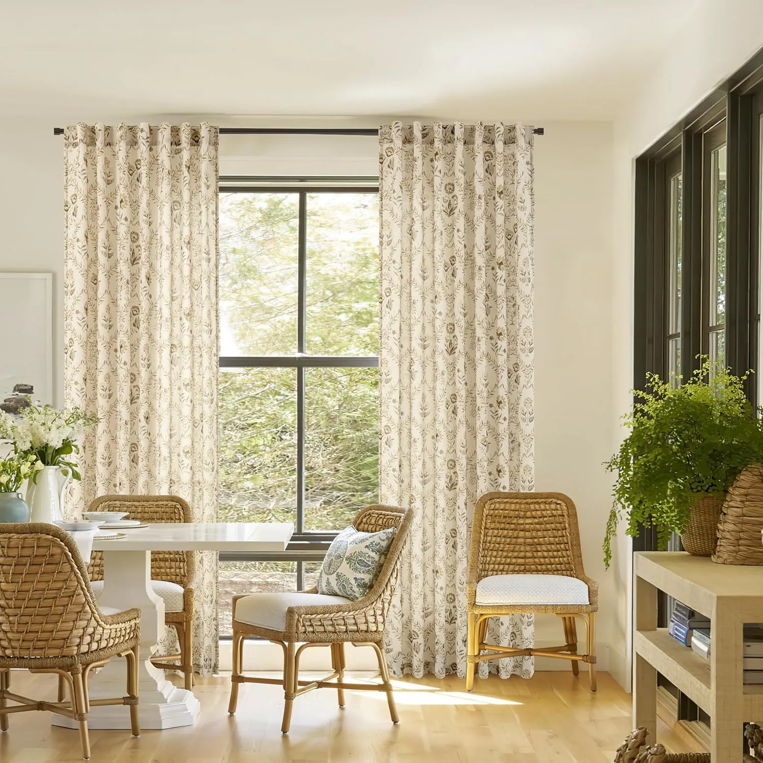 Farmhouse Floral Linen Curtains 84 Inch Length for Living Room Bedroom 2 Panels Semi Sheer Curtains Back Tab Tan Brown Patterned Flower on Beige Farmhouse Boho Rustic Window Drapes 84 Inches Long