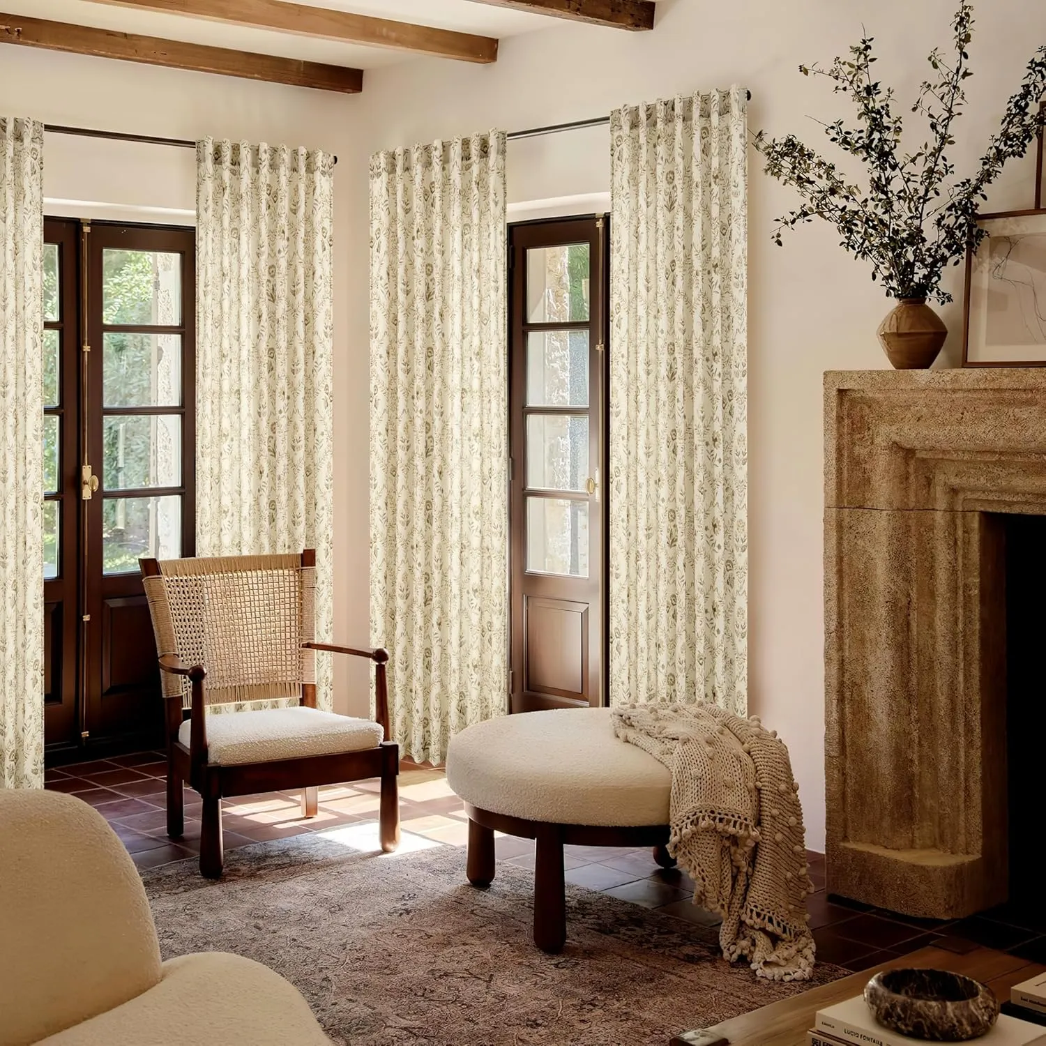 Farmhouse Floral Linen Curtains 84 Inch Length for Living Room Bedroom 2 Panels Semi Sheer Curtains Back Tab Tan Brown Patterned Flower on Beige Farmhouse Boho Rustic Window Drapes 84 Inches Long
