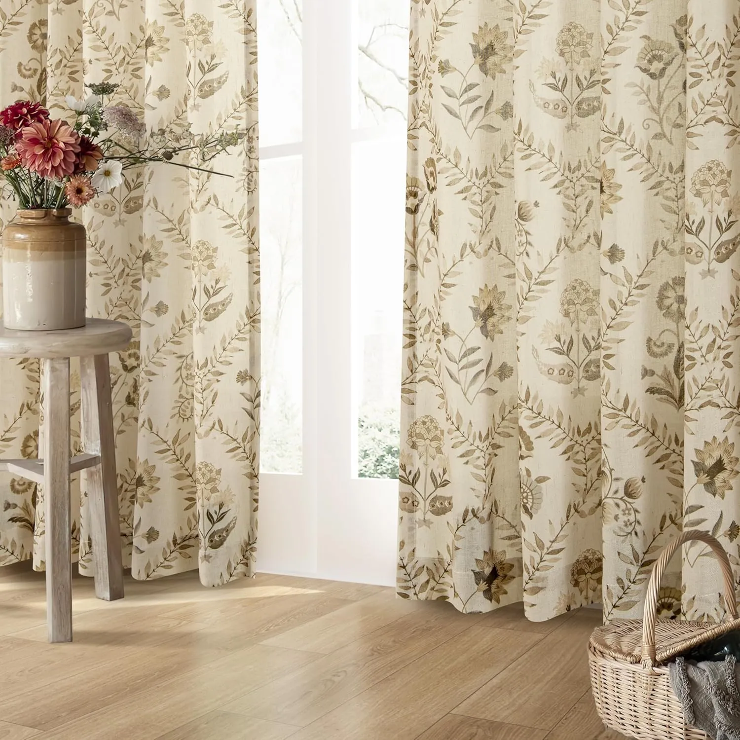 Farmhouse Floral Linen Curtains 84 Inch Length for Living Room Bedroom 2 Panels Semi Sheer Curtains Back Tab Tan Brown Patterned Flower on Beige Farmhouse Boho Rustic Window Drapes 84 Inches Long
