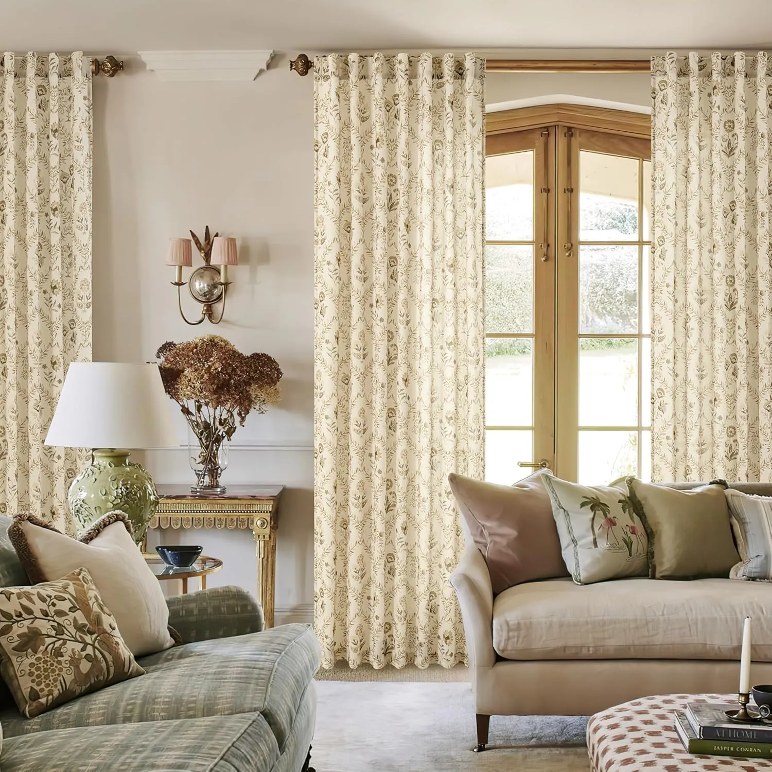 Farmhouse Floral Linen Curtains 84 Inch Length for Living Room Bedroom 2 Panels Semi Sheer Curtains Back Tab Tan Brown Patterned Flower on Beige Farmhouse Boho Rustic Window Drapes 84 Inches Long