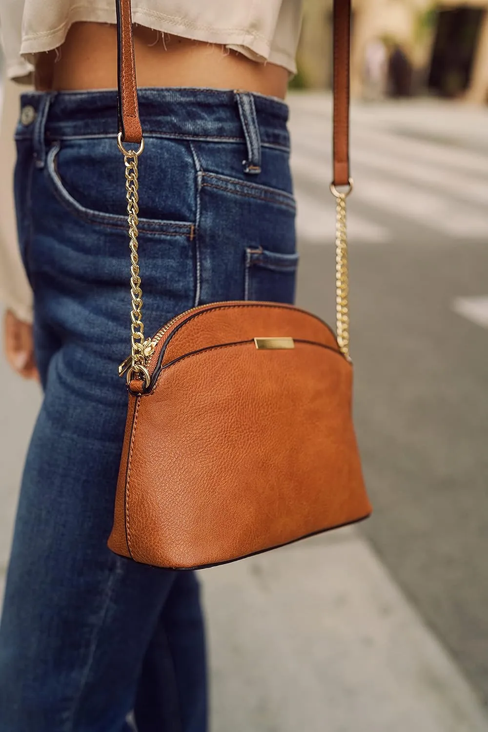 FashionPuzzle Faux Leather Small Dome Crossbody Bag with Chain Strap